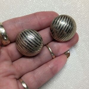 Gold Large Brushed Striped Button Earrings Clipon Vintage Silver